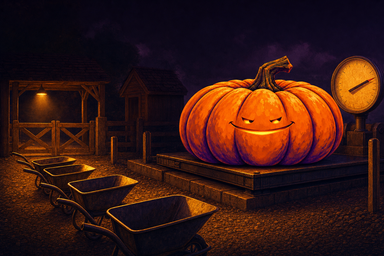 Big Jack resting on the county weigh station platform at night, the gauge needle pushed past its last mark, a row of empty wheelbarrows waiting nearby